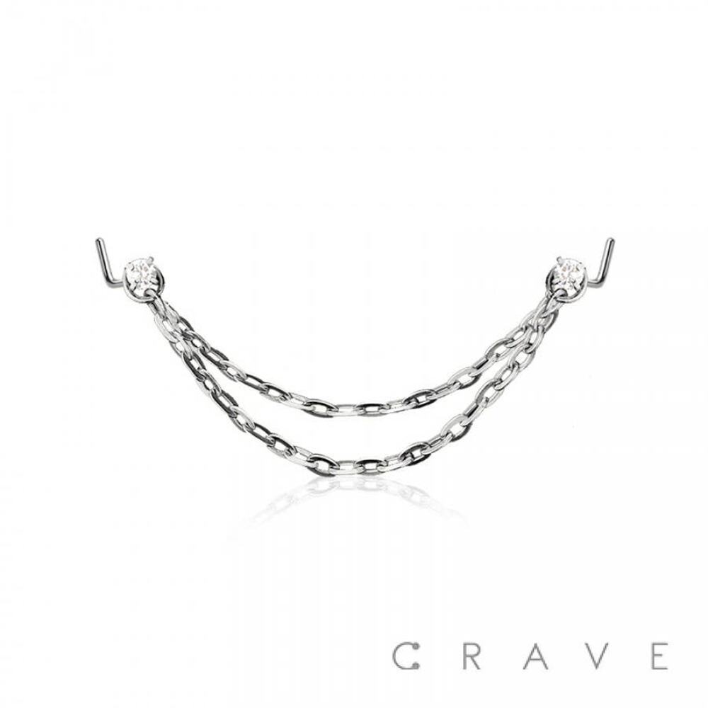 CZ L Shape Nose Rings w/Double Chain-Silver